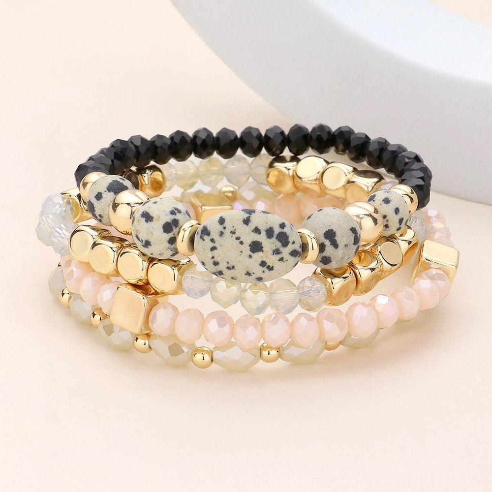 Black 4PCS Natural Stone Pointed Faceted Beads Metal Ball Beaded Stretch Multi Layered Bracelets - Jewelry Store by Erik Rayo