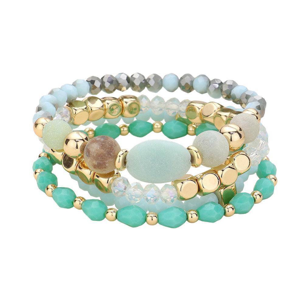 Gold 4PCS - Natural Stone Pointed Faceted Beads Metal Ball Beaded Stretch Multi Layered Bracelets - Jewelry Store by Erik Rayo