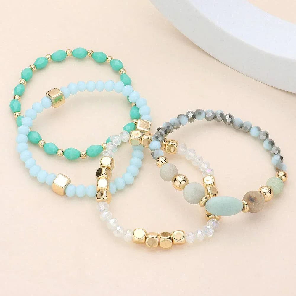 Gold 4PCS - Natural Stone Pointed Faceted Beads Metal Ball Beaded Stretch Multi Layered Bracelets - Jewelry Store by Erik Rayo