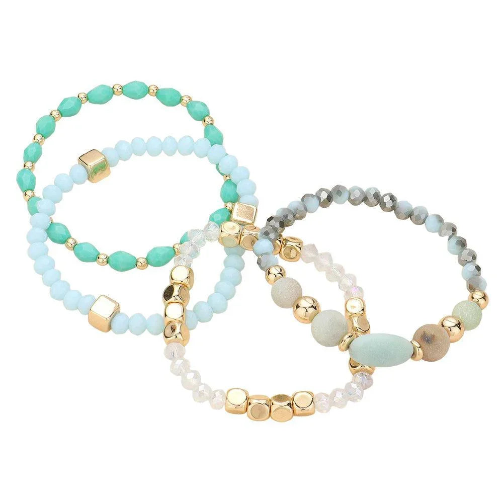 Gold 4PCS - Natural Stone Pointed Faceted Beads Metal Ball Beaded Stretch Multi Layered Bracelets - Jewelry Store by Erik Rayo
