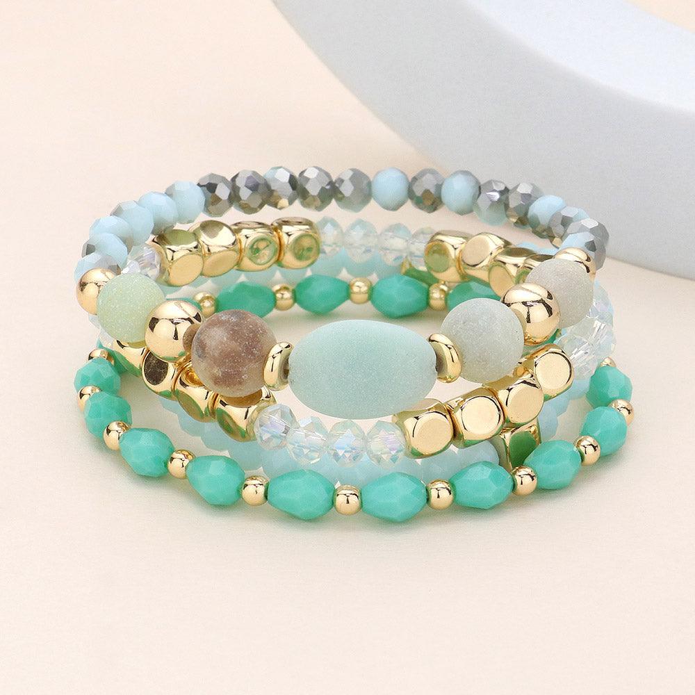 Gold 4PCS - Natural Stone Pointed Faceted Beads Metal Ball Beaded Stretch Multi Layered Bracelets