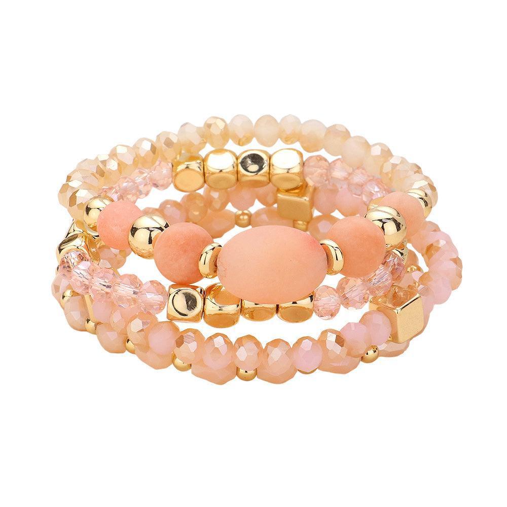 Gold 4PCS - Natural Stone Pointed Faceted Beads Metal Ball Beaded Stretch Multi Layered Bracelets - Jewelry Store by Erik Rayo