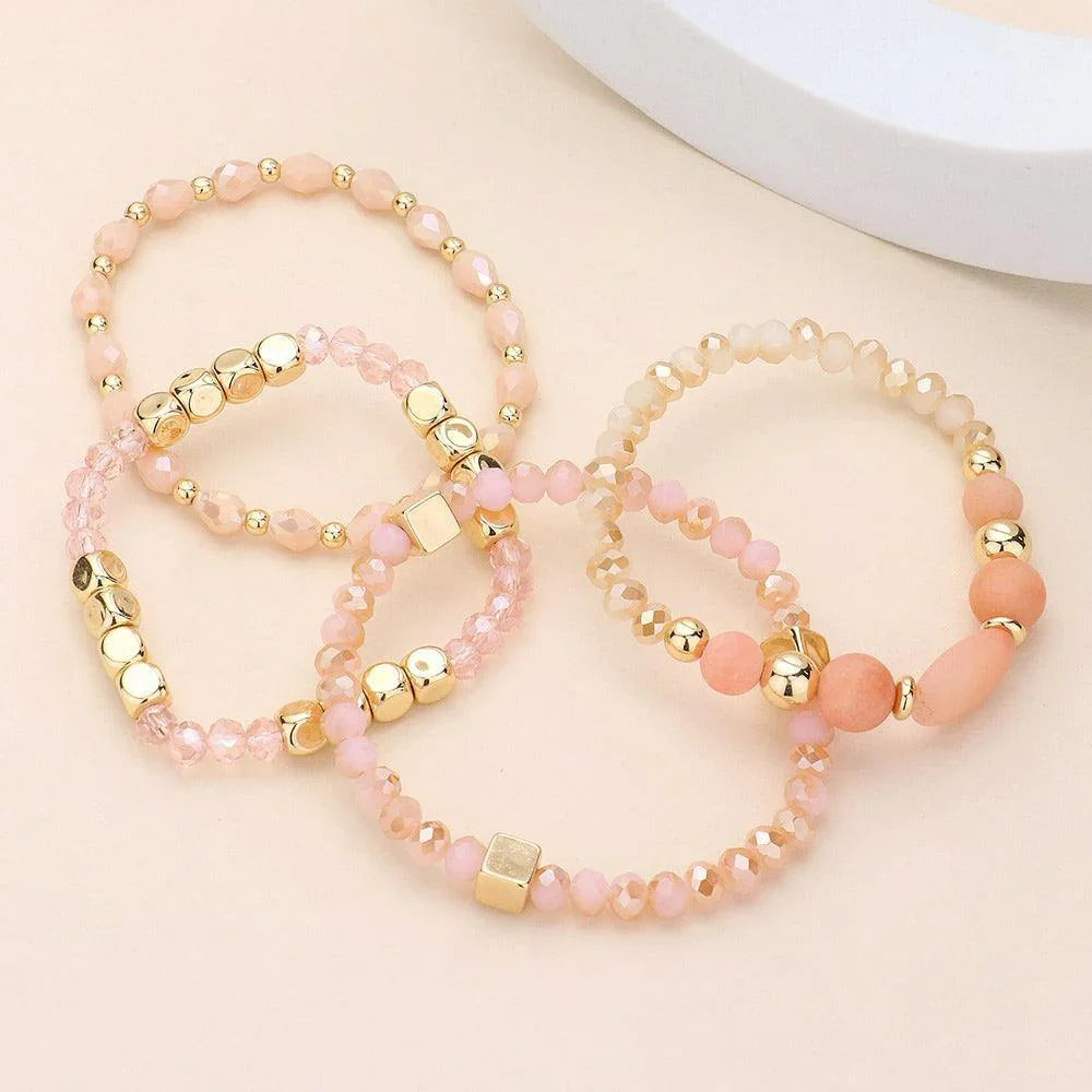 Gold 4PCS - Natural Stone Pointed Faceted Beads Metal Ball Beaded Stretch Multi Layered Bracelets - Jewelry Store by Erik Rayo