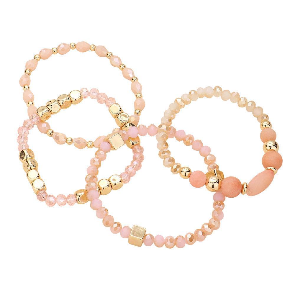 Gold 4PCS - Natural Stone Pointed Faceted Beads Metal Ball Beaded Stretch Multi Layered Bracelets - Jewelry Store by Erik Rayo