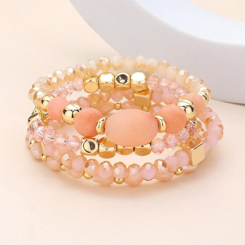 Gold 4PCS - Natural Stone Pointed Faceted Beads Metal Ball Beaded Stretch Multi Layered Bracelets - Jewelry Store by Erik Rayo
