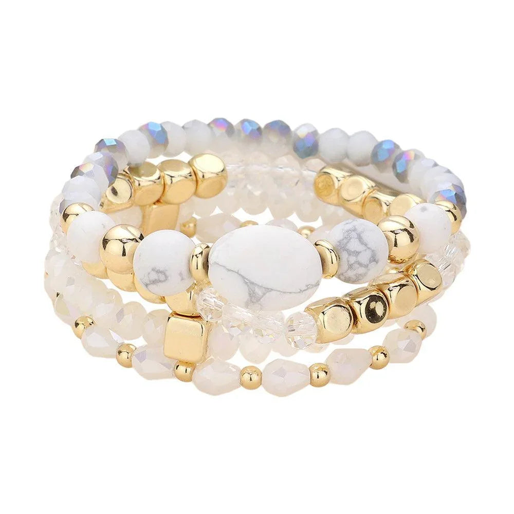 White 4PCS - Natural Stone Pointed Faceted Beads Metal Ball Beaded Stretch Multi Layered Bracelets - Jewelry Store by Erik Rayo