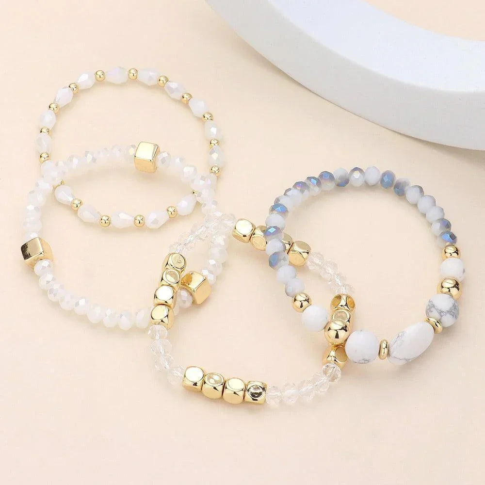 White 4PCS - Natural Stone Pointed Faceted Beads Metal Ball Beaded Stretch Multi Layered Bracelets - Jewelry Store by Erik Rayo