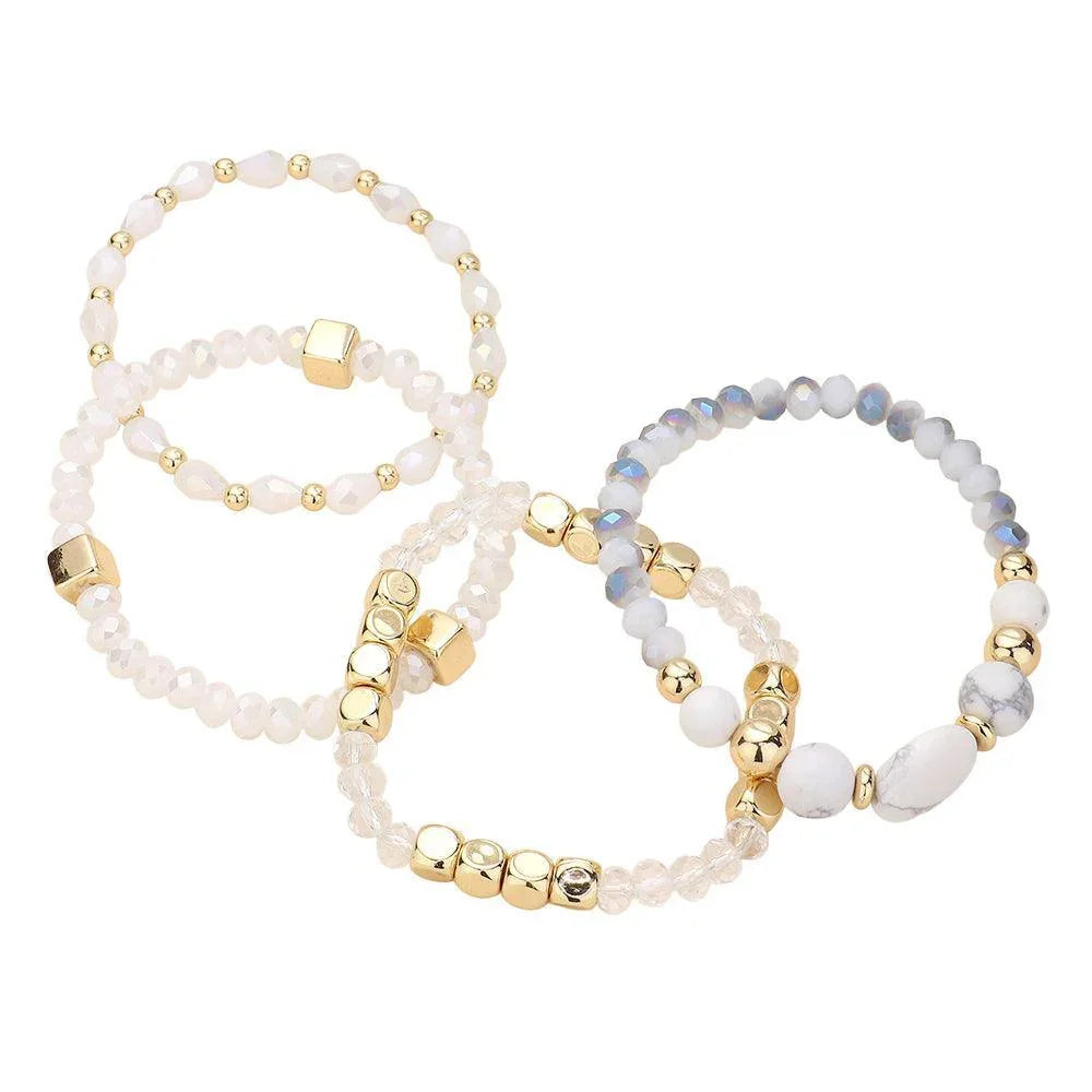 White 4PCS - Natural Stone Pointed Faceted Beads Metal Ball Beaded Stretch Multi Layered Bracelets - Jewelry Store by Erik Rayo