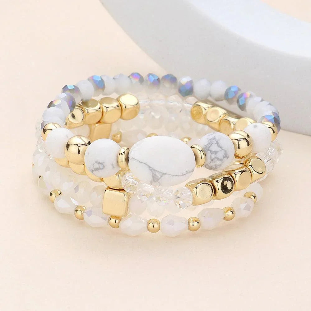 White 4PCS - Natural Stone Pointed Faceted Beads Metal Ball Beaded Stretch Multi Layered Bracelets - Jewelry Store by Erik Rayo