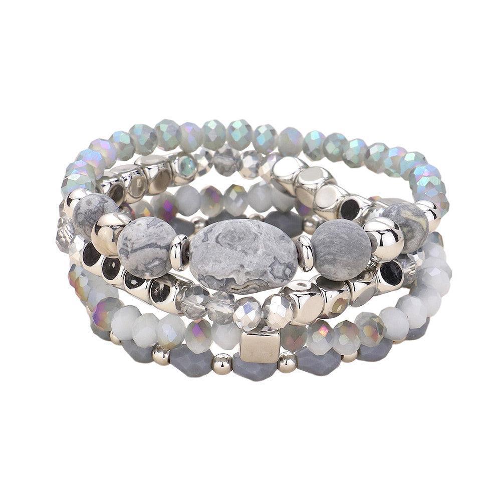 Silver 4PCS Natural Stone Pointed Faceted Beads Metal Ball Beaded Stretch Multi Layered Bracelets - Jewelry Store by Erik Rayo