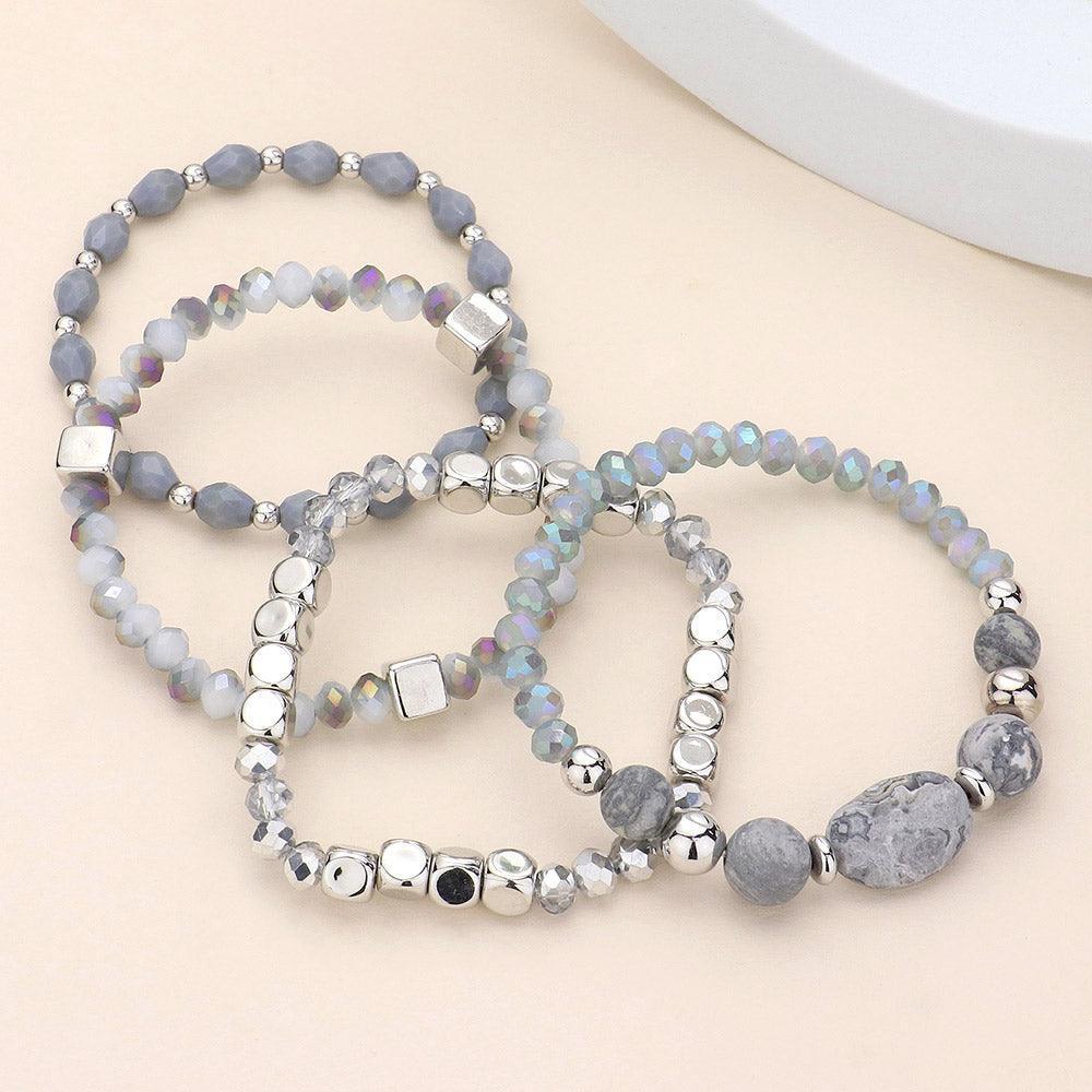 Silver 4PCS Natural Stone Pointed Faceted Beads Metal Ball Beaded Stretch Multi Layered Bracelets - Jewelry Store by Erik Rayo