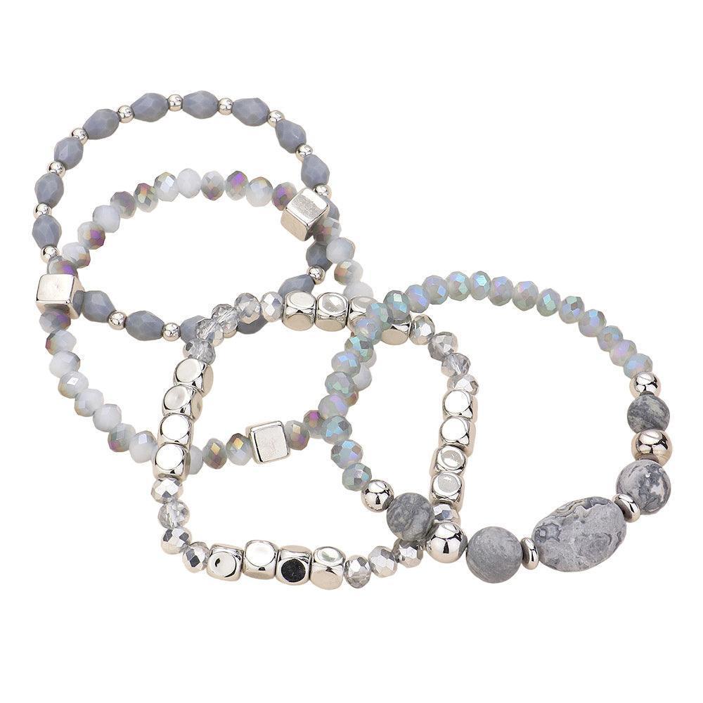 Silver 4PCS Natural Stone Pointed Faceted Beads Metal Ball Beaded Stretch Multi Layered Bracelets - Jewelry Store by Erik Rayo