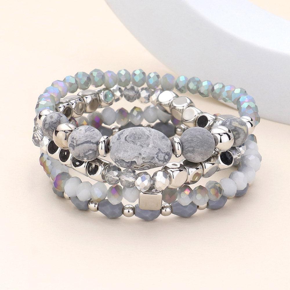 Silver 4PCS Natural Stone Pointed Faceted Beads Metal Ball Beaded Stretch Multi Layered Bracelets - Jewelry Store by Erik Rayo