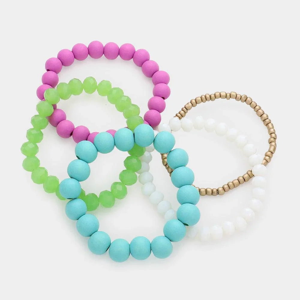 5PCS - Wood Ball Faceted Beaded Stretch Bracelets - Jewelry Store by Erik Rayo