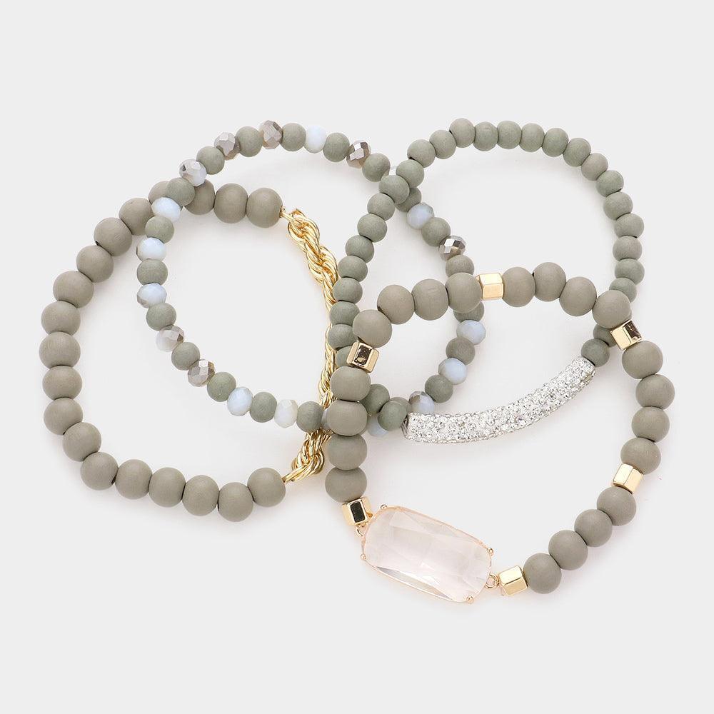 4PCS - Lucite Bead Accented Metal Ball Stretch Bracelets - Jewelry Store by Erik Rayo
