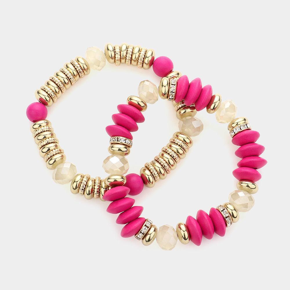 Fuchsia 2PCS - Wood Ball Metal Beaded Stretch Bracelets - Jewelry Store by Erik Rayo