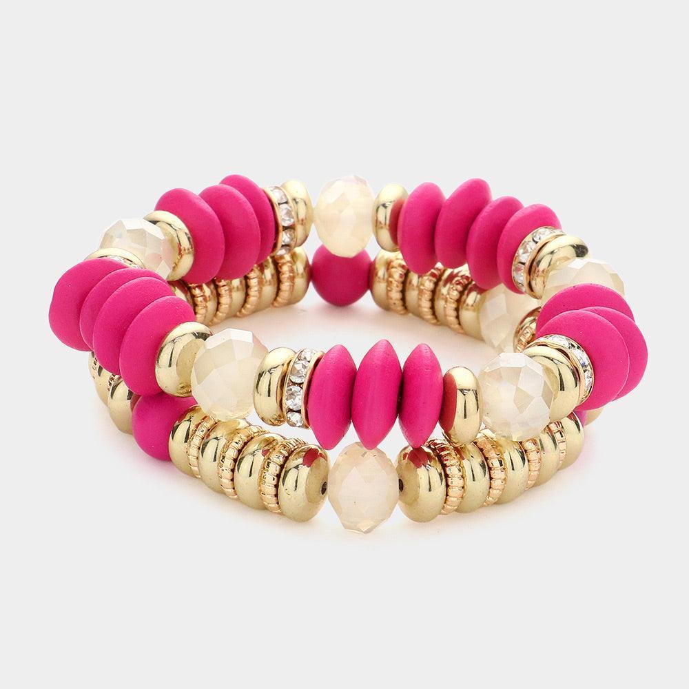 Fuchsia 2PCS - Wood Ball Metal Beaded Stretch Bracelets - Jewelry Store by Erik Rayo