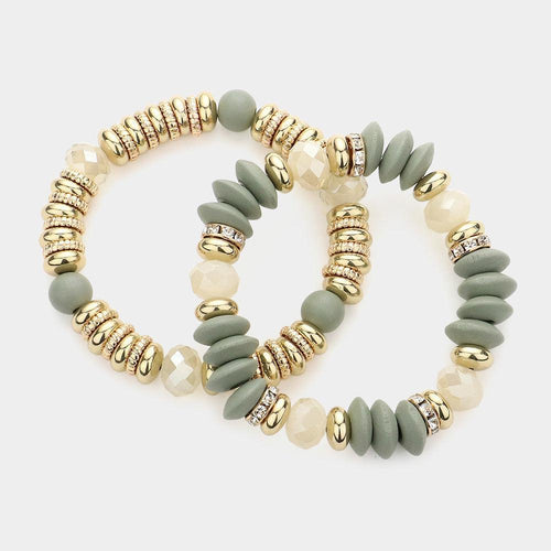 2PCS - Wood Ball Metal Beaded Stretch Bracelets - Jewelry Store by Erik Rayo