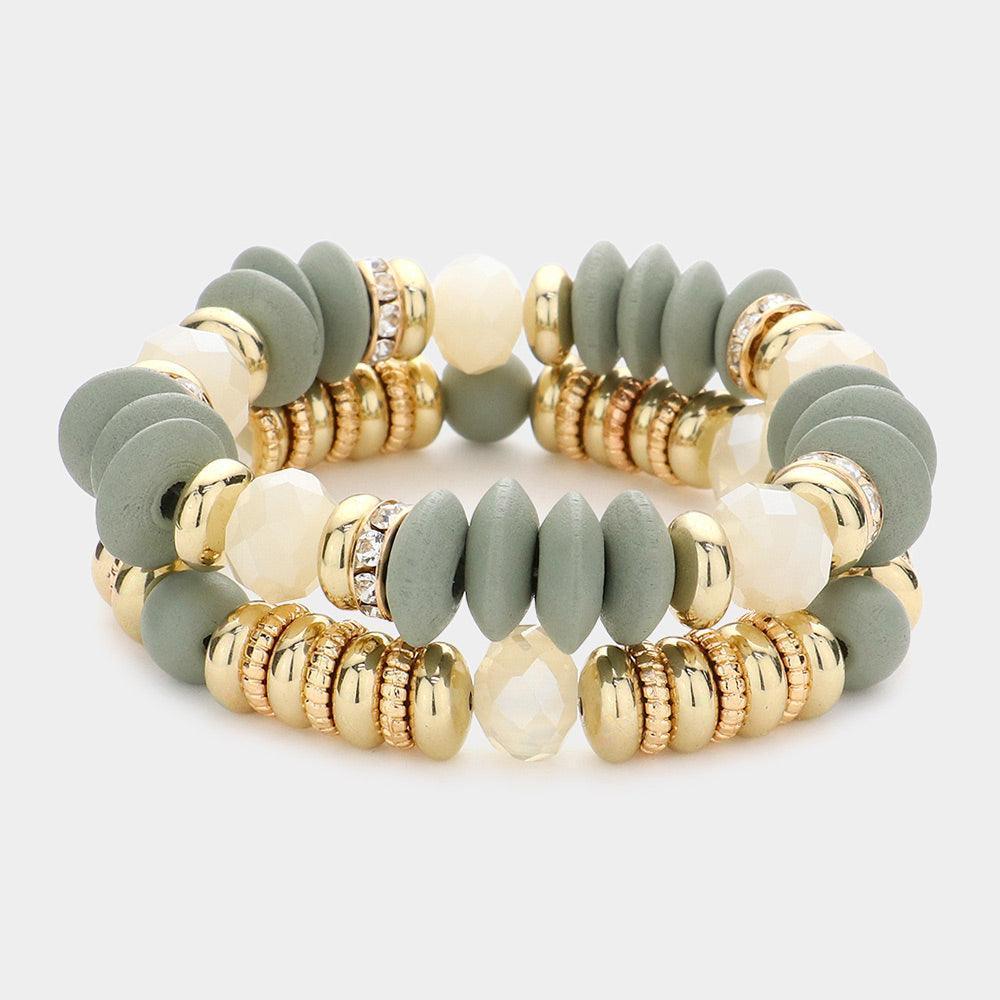 2PCS - Wood Ball Metal Beaded Stretch Bracelets - Jewelry Store by Erik Rayo