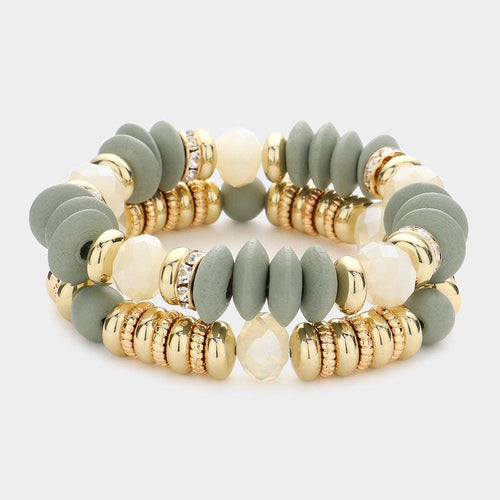 2PCS - Wood Ball Metal Beaded Stretch Bracelets - Jewelry Store by Erik Rayo