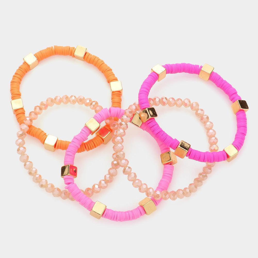 Fuchsia 5PCS - Metal Cube Pointed Heishi Faceted Beaded Stretch Bracelets - Jewelry Store by Erik Rayo