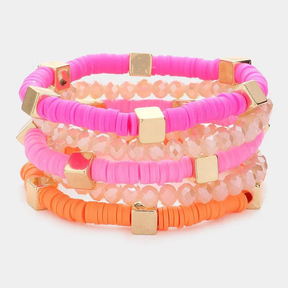 Fuchsia 5PCS - Metal Cube Pointed Heishi Faceted Beaded Stretch Bracelets - Jewelry Store by Erik Rayo