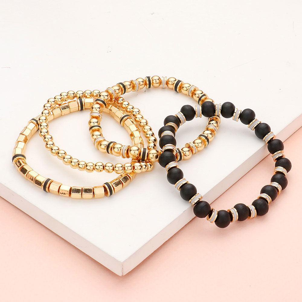 Black 4PCS Wood Ball Metal Beaded Stretch Bracelets - Jewelry Store by Erik Rayo