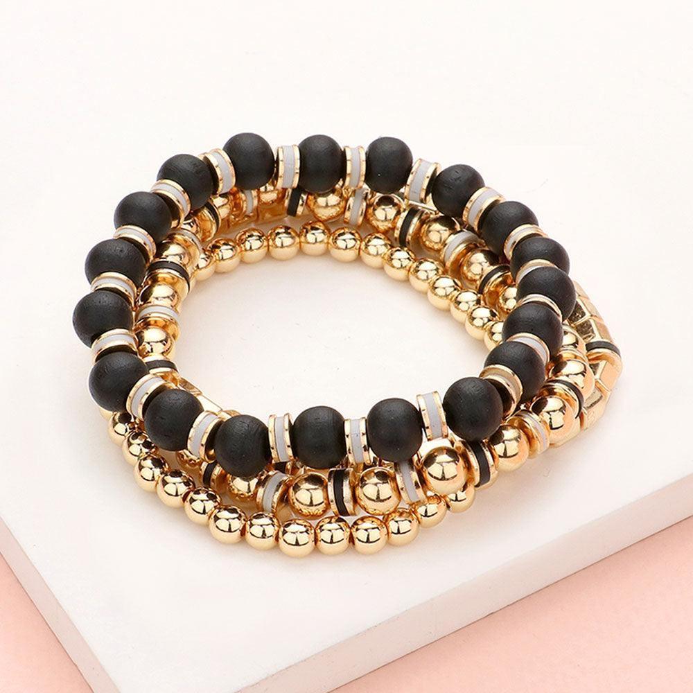 Black 4PCS Wood Ball Metal Beaded Stretch Bracelets - Jewelry Store by Erik Rayo