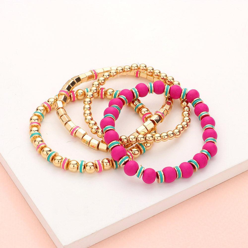 Fuchsia 4PCS - Wood Ball Metal Beaded Stretch Bracelets - Jewelry Store by Erik Rayo