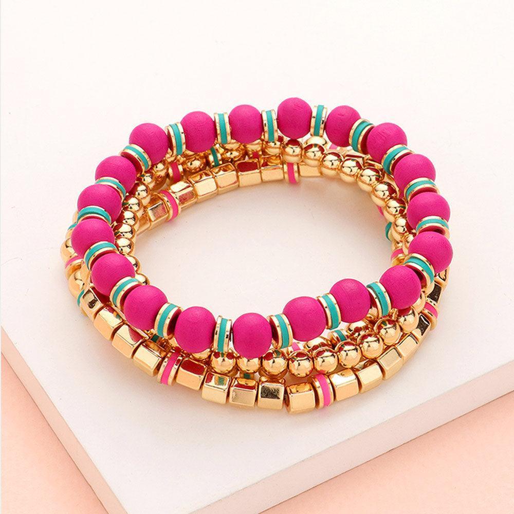 Fuchsia 4PCS - Wood Ball Metal Beaded Stretch Bracelets - Jewelry Store by Erik Rayo