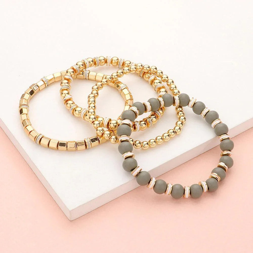 4PCS - Wood Ball Metal Beaded Stretch Bracelets - Jewelry Store by Erik Rayo