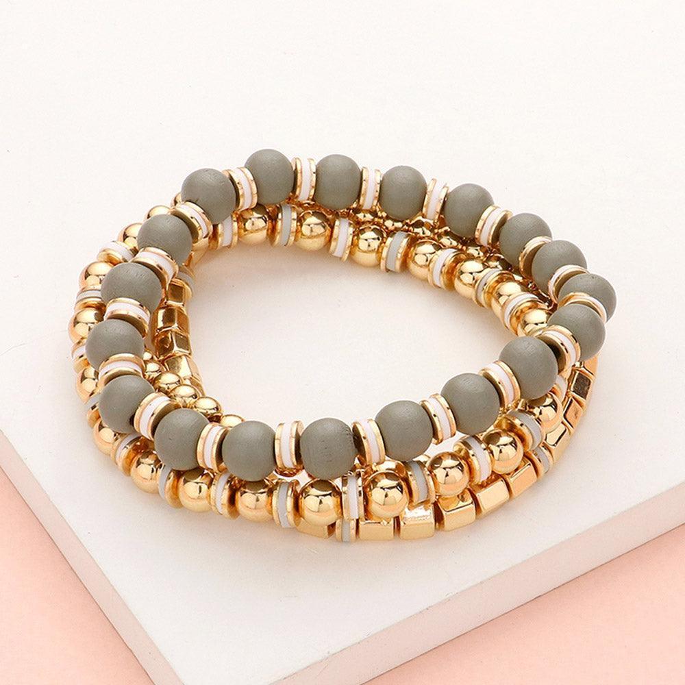 4PCS - Wood Ball Metal Beaded Stretch Bracelets - Jewelry Store by Erik Rayo