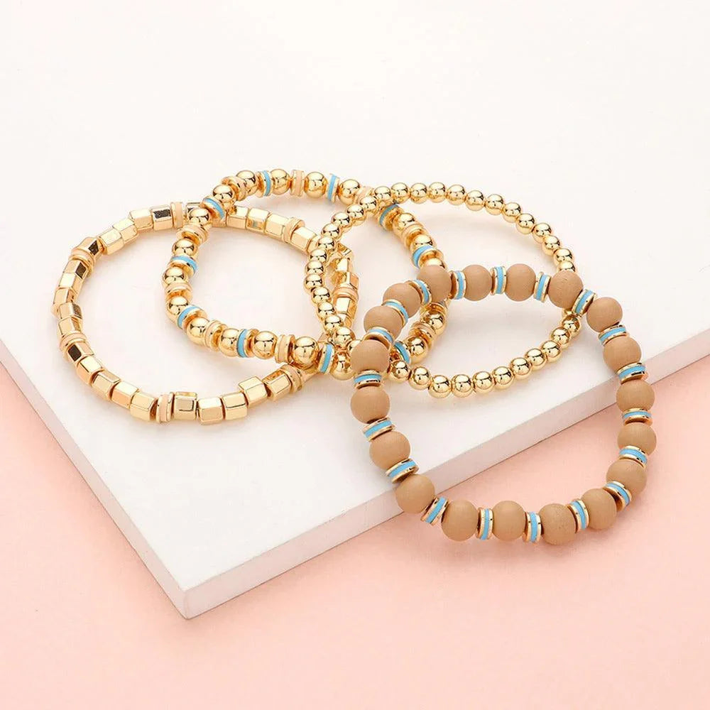 4PCS - Wood Ball Metal Beaded Stretch Bracelets - Jewelry Store by Erik Rayo