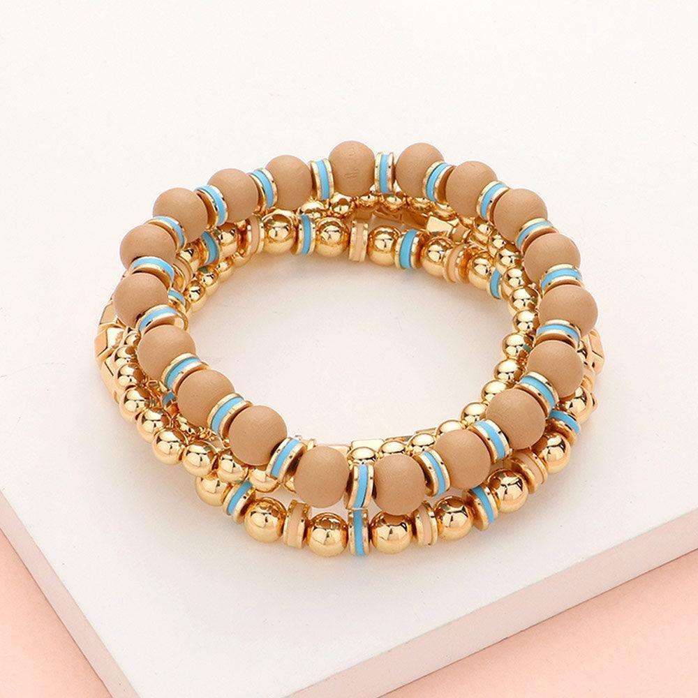 4PCS - Wood Ball Metal Beaded Stretch Bracelets - Jewelry Store by Erik Rayo