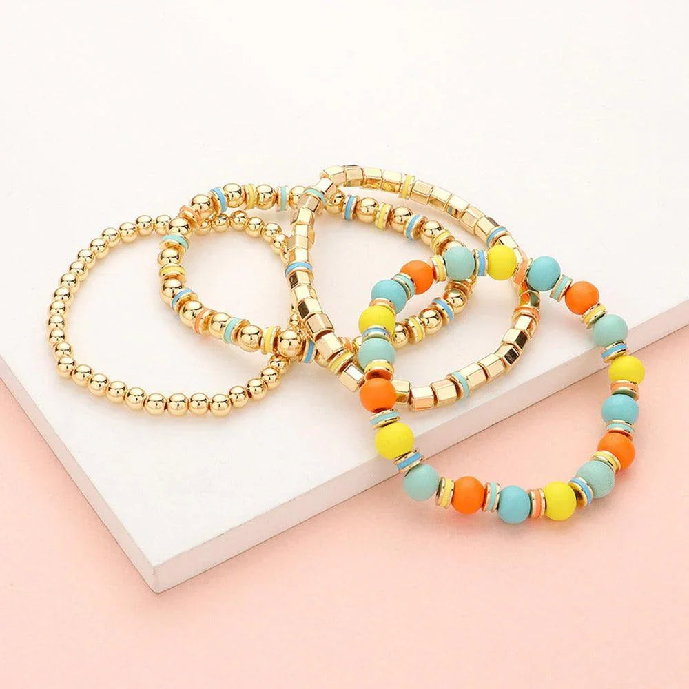 4PCS - Wood Ball Metal Beaded Stretch Bracelets - Jewelry Store by Erik Rayo