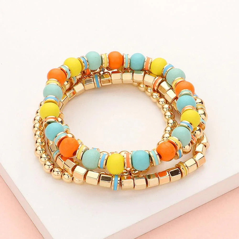 4PCS - Wood Ball Metal Beaded Stretch Bracelets - Jewelry Store by Erik Rayo
