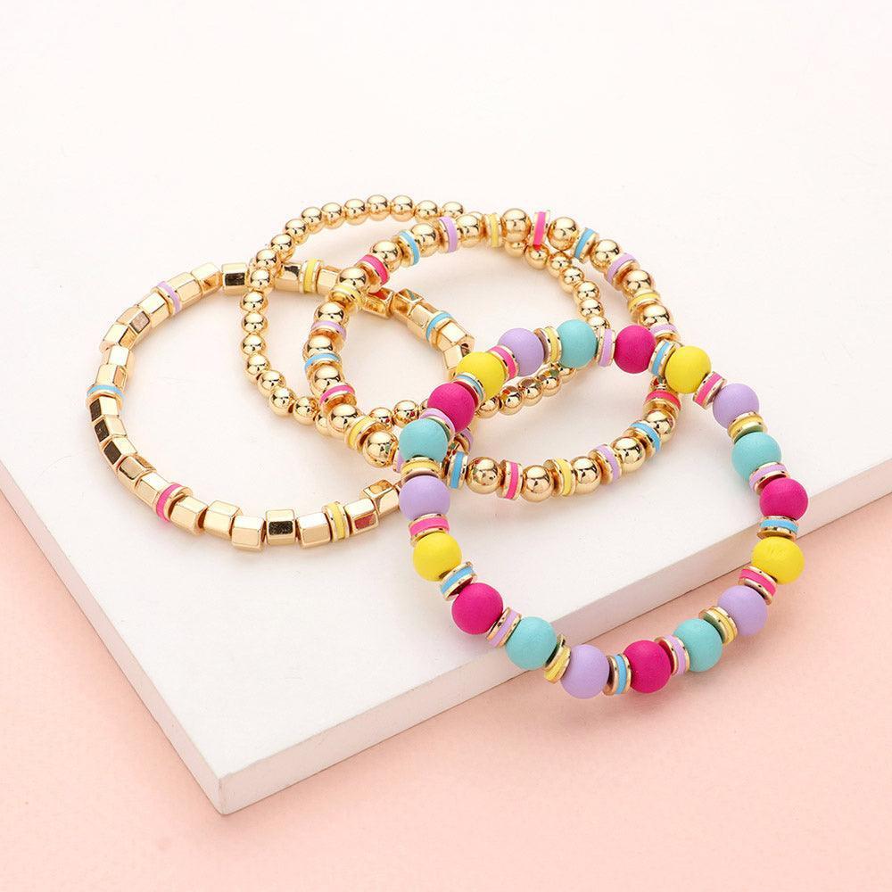 4PCS - Wood Ball Metal Beaded Stretch Bracelets - Jewelry Store by Erik Rayo