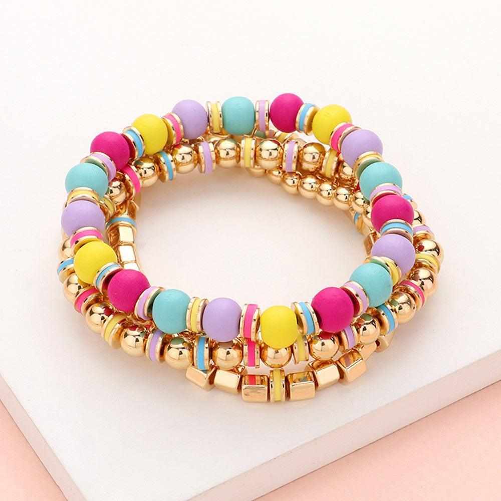 4PCS - Wood Ball Metal Beaded Stretch Bracelets - Jewelry Store by Erik Rayo