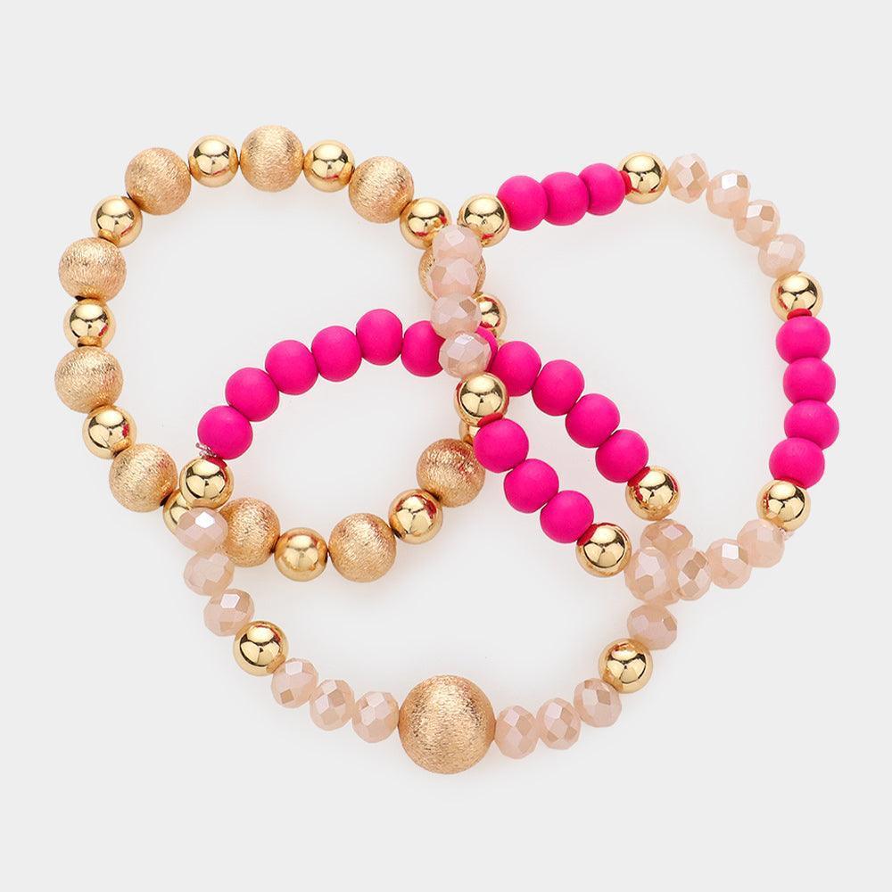 Fuchsia 3PCS - Frosted Metal Ball Wood Faceted Beaded Stretch Bracelets - Jewelry Store by Erik Rayo