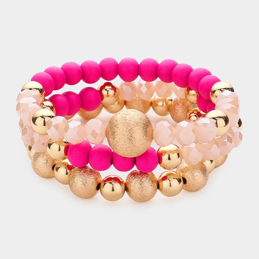 Fuchsia 3PCS - Frosted Metal Ball Wood Faceted Beaded Stretch Bracelets - Jewelry Store by Erik Rayo