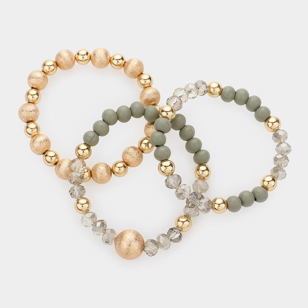 3PCS - Frosted Metal Ball Wood Faceted Beaded Stretch Bracelets - Jewelry Store by Erik Rayo