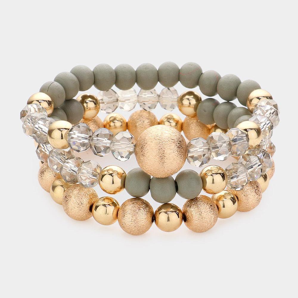 3PCS - Frosted Metal Ball Wood Faceted Beaded Stretch Bracelets - Jewelry Store by Erik Rayo