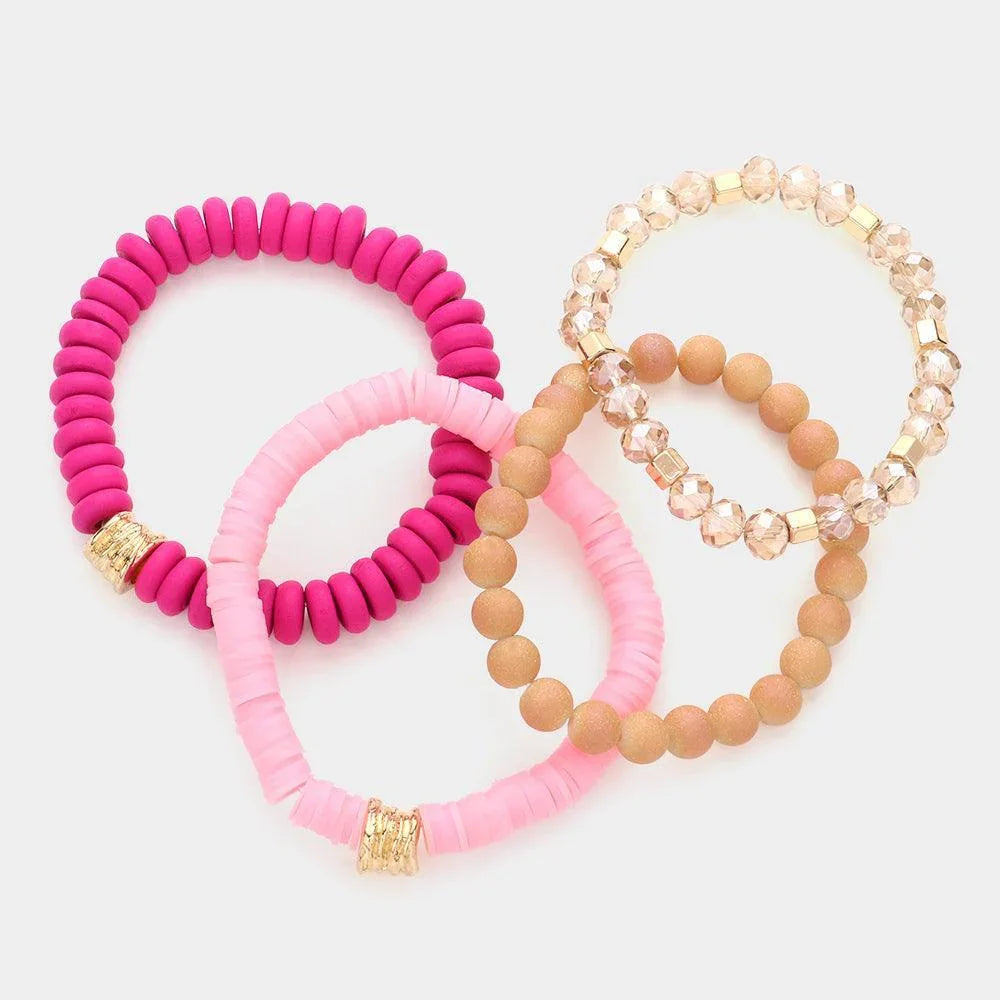 Fuchsia 4PCS - Glittered Ball Wood Heishi Beaded Stretch Bracelets - Jewelry Store by Erik Rayo