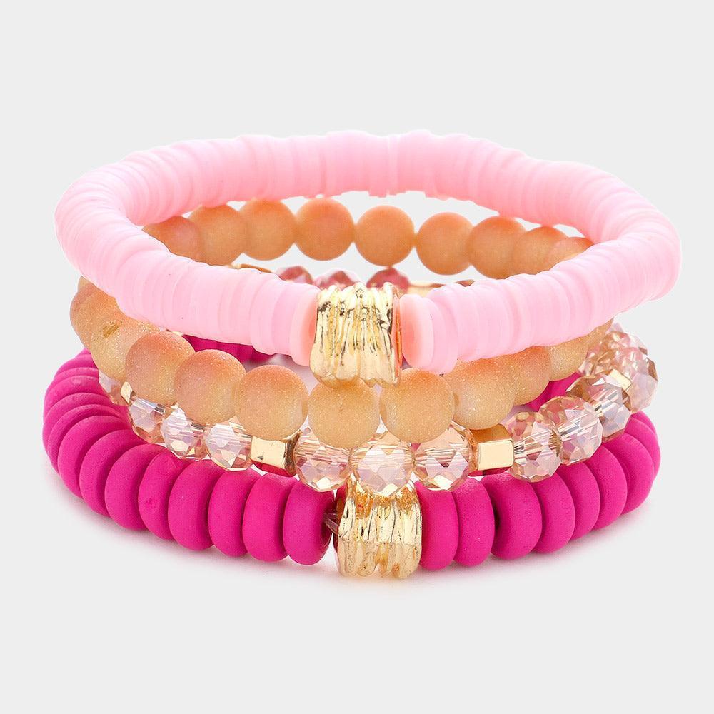 Fuchsia 4PCS - Glittered Ball Wood Heishi Beaded Stretch Bracelets - Jewelry Store by Erik Rayo