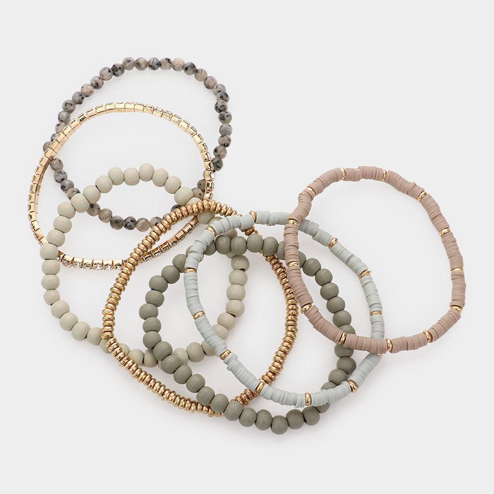 7PCS - Wood Ball Heishi Beaded Stretch Bracelets - Jewelry Store by Erik Rayo