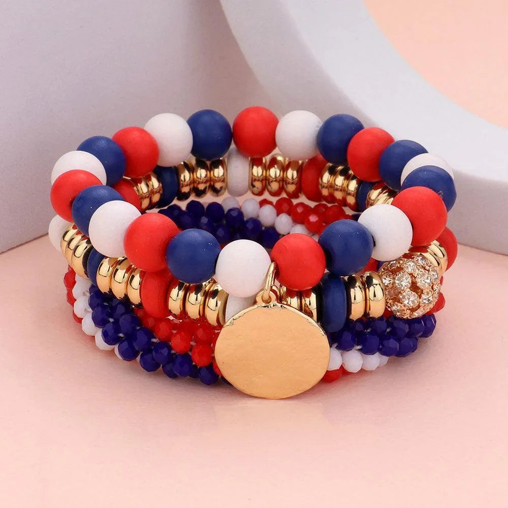 3PCS - Wood Faceted Beaded Hammered Metal Disc Charm Stretch Multi Layered Bracelets - Jewelry Store by Erik Rayo