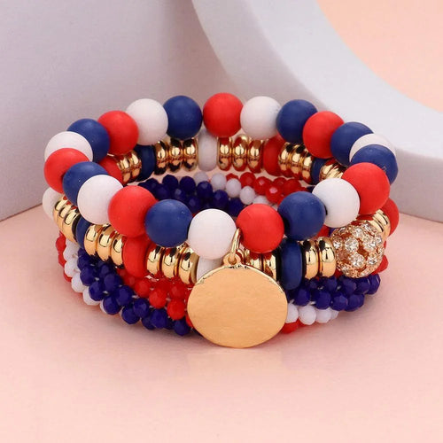 3PCS - Wood Faceted Beaded Hammered Metal Disc Charm Stretch Multi Layered Bracelets - Jewelry Store by Erik Rayo