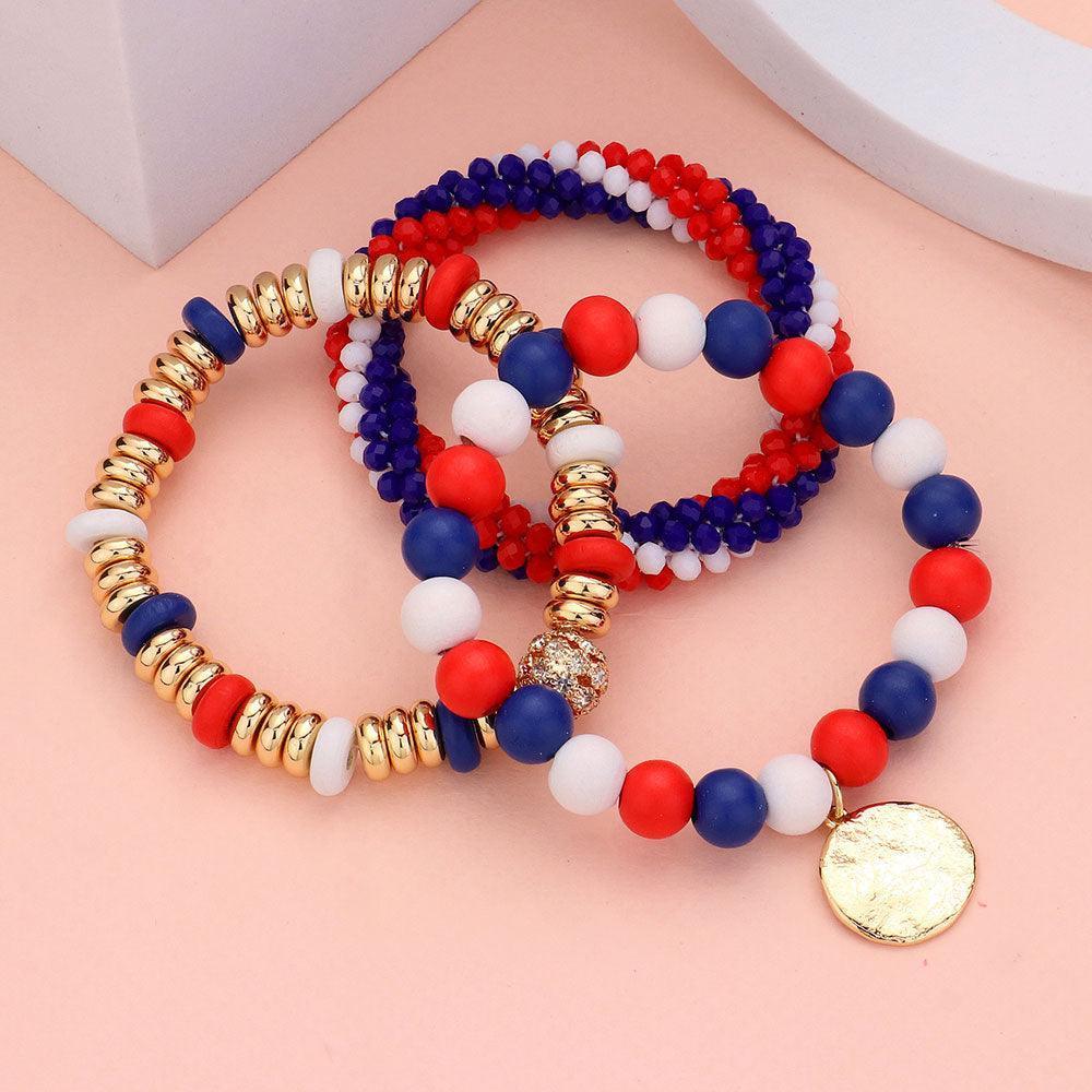 3PCS - Wood Faceted Beaded Hammered Metal Disc Charm Stretch Multi Layered Bracelets - Jewelry Store by Erik Rayo