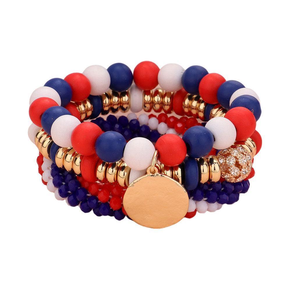 3PCS - Wood Faceted Beaded Hammered Metal Disc Charm Stretch Multi Layered Bracelets - Jewelry Store by Erik Rayo
