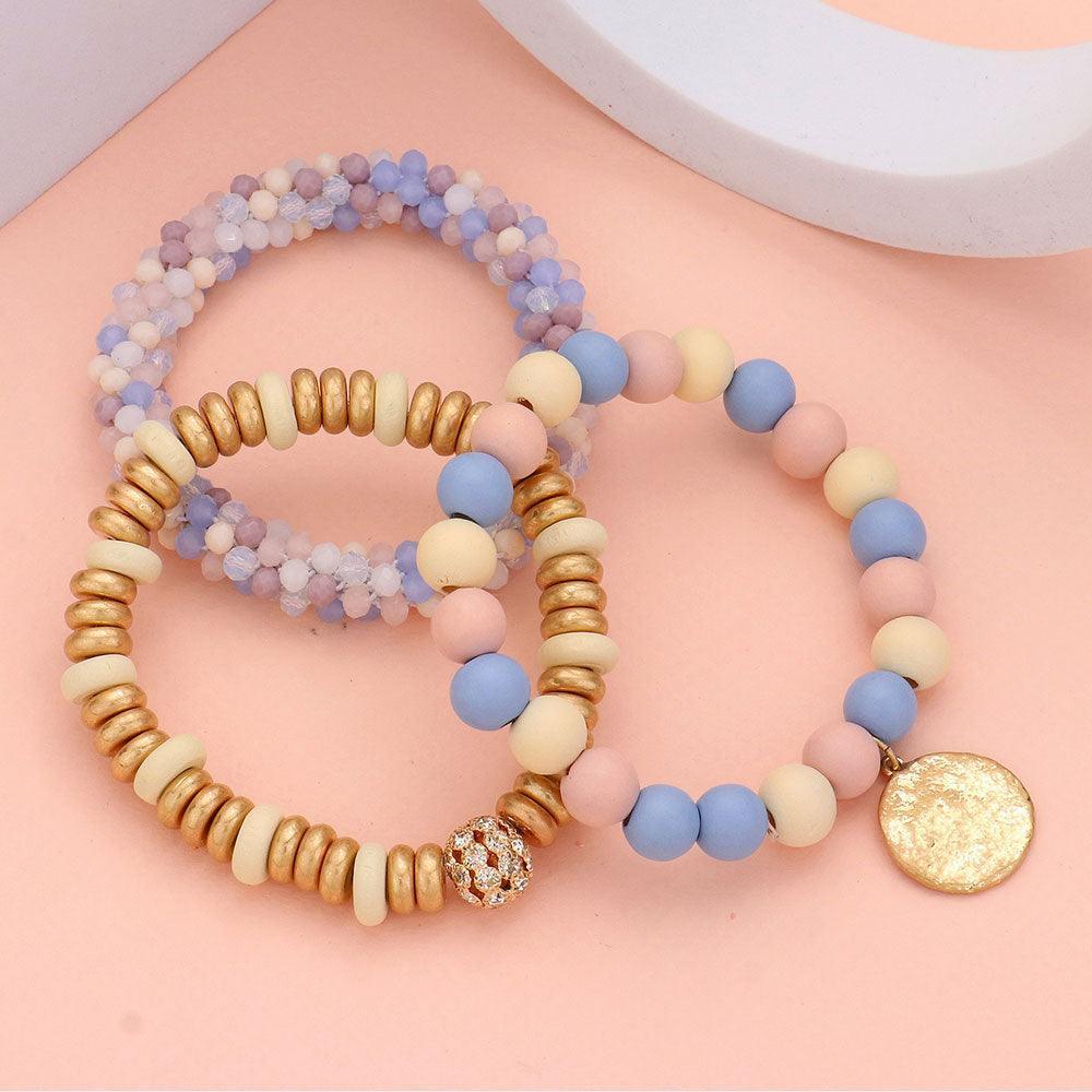 3PCS - Wood Faceted Beaded Hammered Metal Disc Charm Stretch Multi Layered Bracelets - Jewelry Store by Erik Rayo